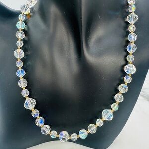 Vintage AB Aurora Borealis Crystal Necklace Faceted Beads Iridescent 16.5” Glam